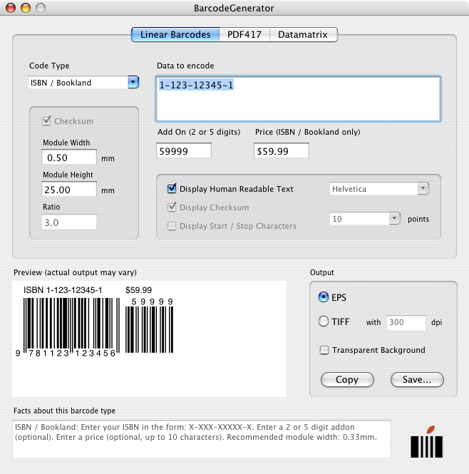Barcode Generator Mac for linear and 2D barcodes by Wolf Softwar Screenshot